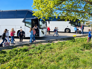 Schulreise beim Reisebus im Sonnenschein